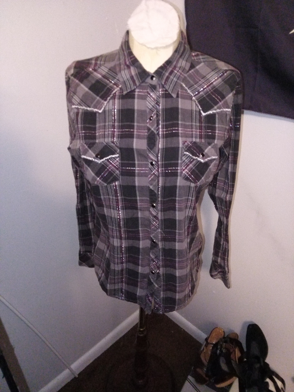 Adiktd Black Gray Plaid Button-Down Shirt with Purple Accents
